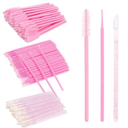 300 PCS Eyelash Extension Supplies Kit Disposable Micro Swab Brush Eyebrow Spoolies Lip Stick Brush Mascara Wand Applicator Makeup Brush Tool (Pink Sets)