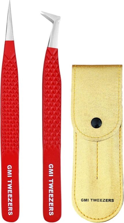 Professional Eyelash Extension Tweezers - Fiber Tip Stainless Steel Eyelash Extension - Pack of 2 Eyelashes Extension Tweezers – Lash Tweezers for Eyelash Extensions (RED)